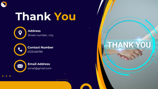 Thank you slide with contact details, a handshake image, and a modern blue and yellow design theme.