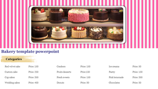 Decorated cakes in a showcase against a pink and white striped background with a menu of items and prices.