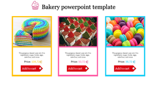 Bakery slide with three dessert images a rainbow cake,  pastries, and colorful macarons, each with prices and cart buttons.