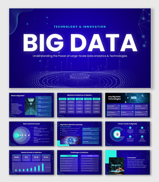 Big Data slide with data waves, network lines, charts, icons, blue theme, and structured text holders.