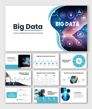 Big data slides with charts, icons, and clean blue gradient layouts to showcase insights and analytics effectively.