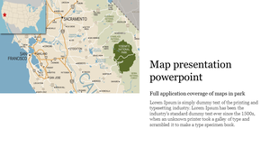 Map presentation slide showcasing California landmarks, including Yosemite National Park, with text on the right.