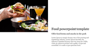 Food PowerPoint template showing a hand holding a burger with various side dishes and drinks with placeholder text.