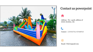 Contact slide featuring an inflatable play structure in a park on the left, with address, phone, and email details.
