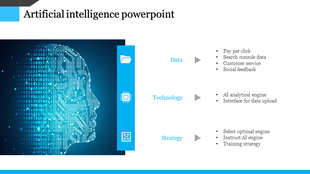 Artificial intelligence slide with a digital face outline, icons for data, technology, and strategy, and bullet points.