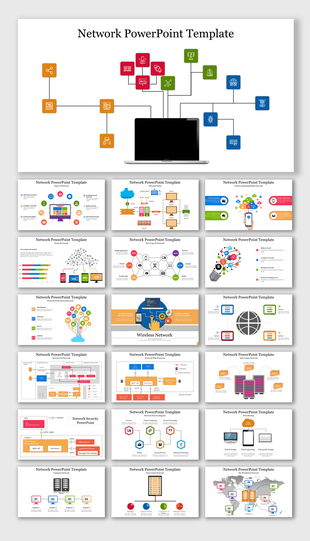 Professional slide deck with visual elements of flowcharts, icons, and infographics showcasing various network structures.