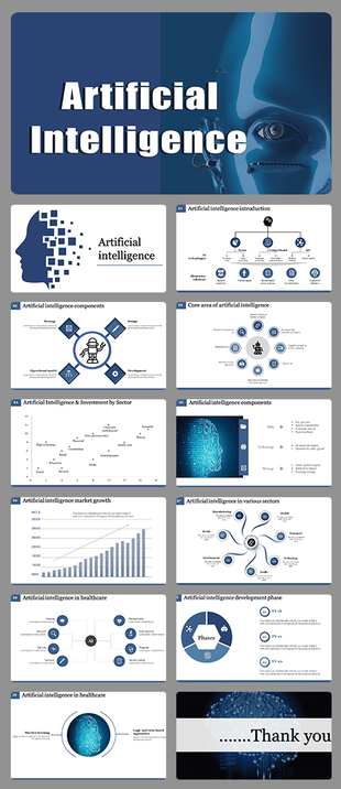 Artificial Intelligence slides featuring key topics, growth charts, components, and applications in various sectors.