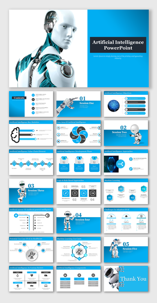 A slide deck featuring a robotic Ai figure with exposed mechanical elements, accompanied by a title banner.