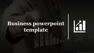 Business themed template with a dark overlay, focus on a pointing hand, and a chart icon on the right.