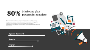 Marketing plan slide featuring a bold 80 percent statistic, business communication text, and graphics of devices and tools.