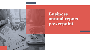 Business report cover with a rectangular box in  red overlay and professionals analyzing data on a table.