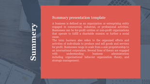 Summary PPT slide featuring a red text box with a detailed definition of business, set against a muted background.