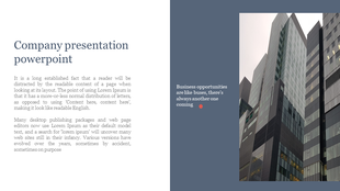 Company slide featuring a two column layout, with left aligned text, and an image of modern skyscrapers on the right.