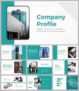 Company profile slide deck featuring a photo of a modern building alongside text highlighting business values and mission.