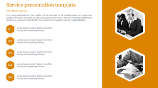 Slide with orange and white theme, featuring five numbered list and two hexagonal images of customer service scenarios.