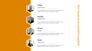 Team profile slide featuring headshots of four individuals, including John, Smith, Peter, and Susi, with their roles listed.