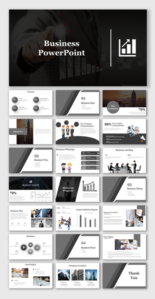 Comprehensive business PowerPoint presentation slides featuring multiple sections, graphs, and professional imagery.