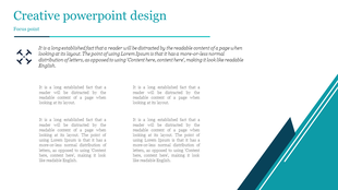 Creative design slide with a bold title, a focus point section featuring an icon, and four blocks arranged in two columns.