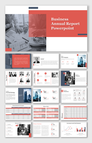 A business annual report featuring charts, tables, team profiles, and skyline imagery in a minimalist design.