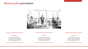 Business plan PPT slide with a grayscale image of a corporate meeting and sections for strategy, goals, and success.