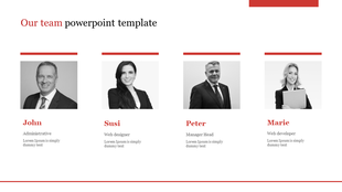 Our team slide with four grayscale portraits with red titles and accents, on a white background.
