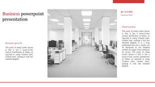 Business presentation slide with a monochrome image of office space and sections for business growth and client projects.
