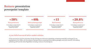 Modern business template emphasizing four essential business growth metrics in bold red, followed by a statement.