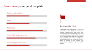 Investment PPT slide with progress bars representing various areas from the facility and machine web digital solutions.