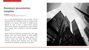 Summary slide with a monochrome skyscraper photo on the right and an introductory text block with a red heading on the left.