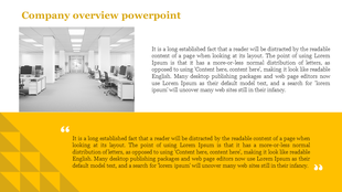 Office workspace with computers and desks, featuring a company overview PowerPoint slide and a Lorem Ipsum text block.