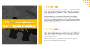 Minimalist vision and mission slide with a grayscale puzzle image, a vibrant yellow title section, and two text blocks.