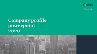 Company profile slide with a green banner, bold white text, cityscape background, and a company logo in the top right.