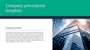 Company profile slide with a green banner, an overview text section on the left, and a modern architecture image.