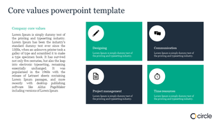 Layout with four teal and navy square blocks, each containing icons and text describing company core values.
