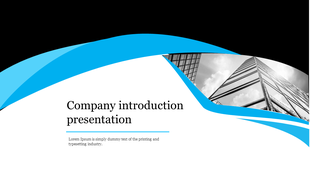 Company introduction slide with a curved blue wave design, a grayscale skyscraper image, and a centered text area below.