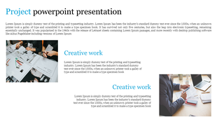 Project PowerPoint presentation slide featuring two images of people working creatively, along with placeholder text.