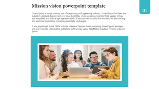 Mission vision PowerPoint template showing a group of people collaborating around a laptop, with placeholder text on the top.