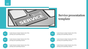 Modern service slide with a grayscale keyboard image, teal hexagonal number markers, and a structured text layout.