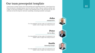 Team introduction slide with three portraits in hexagonal frames and roles listed, on a white and teal backdrop.