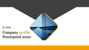 Modern company profile slide featuring a diamond framed building photo, with yellow and gray accents, and a logo.