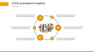 Circular diagram with three orange labeled nodes, directional arrows, and a central image of a group collaborating.