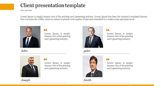 Client presentation slide featuring four portraits with associated captions and quotes, with yellow accents.