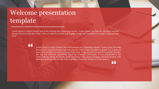 Welcome presentation slide featuring a red background with a quote and text about the printing and typesetting industry.