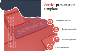 Service presentation slide with a red key on a keyboard, four red circular icons with labels, and curved design elements.