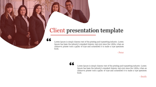 Client presentation slide featuring a curved professional team photo, paired with two quotes from different people.