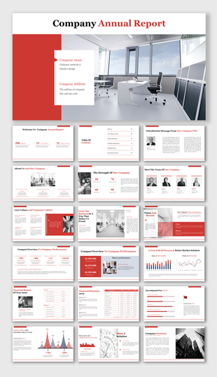 Company annual report presentation template with a red, white, and black theme, featuring multiple slides.