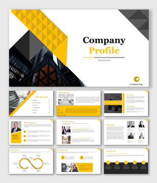 Slide deck showcasing company profile with geometric accents and content sections, framed by yellow and gray shapes.