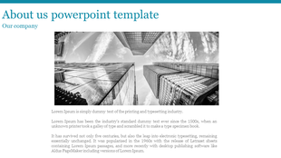 About Us slide with a black and white skyscraper image, a blue header, and a text section describing the company.