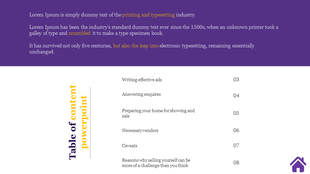 Slide featuring a purple header with a table of contents layout, highlighting various sections with bold text.