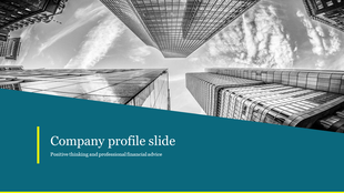 Black and white cityscape company with glass skyscrapers converging toward the sky, overlaid with a teal slanted text box.